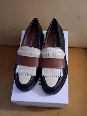 Marc Fisher Black, White & Brown Leather Kiltie Loafers